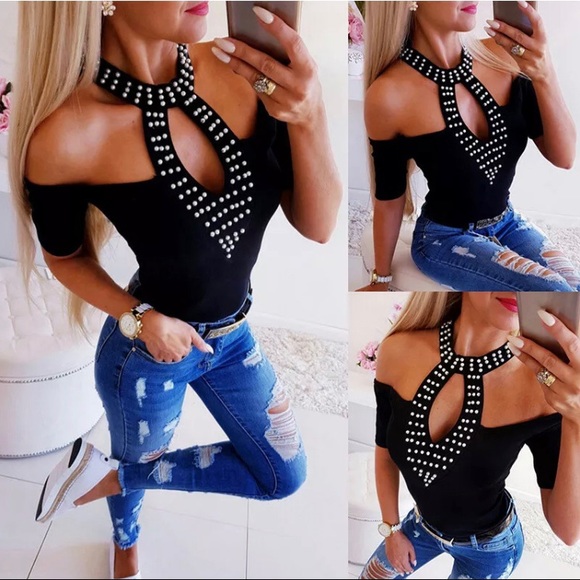 Tops - 🎉HP🎉🔥SEXY BLACK CHOKER CROPPED SHORT SLEEVE TOP